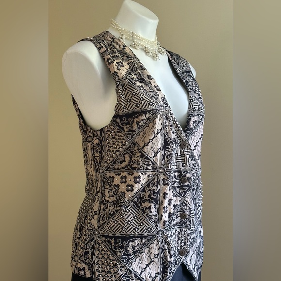 Effeci Vintage Creations Beige & Black Embroidery Button Vest SZ M Tie In Back - Picture 5 of 13